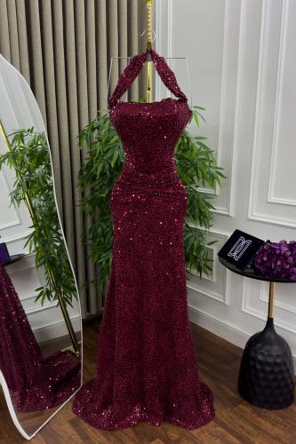 فستان سهره دانتيل المزين بالتطريز لول وخرز