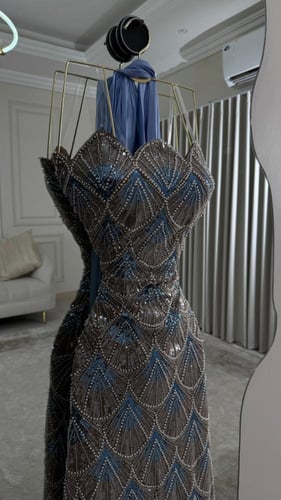 فستان سهره تل المزين بالتطريز خرز شال كرنكر