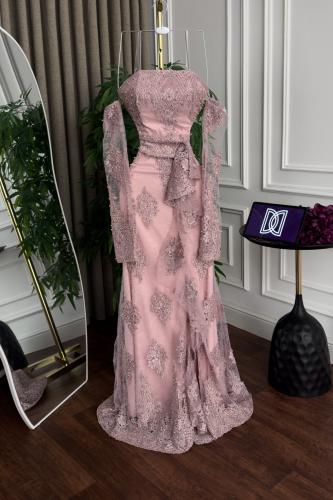 فستان سهره دانتيل المزين بالتطريز لول وفصوص