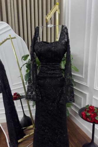 فستان سهره اسود دانتيل المزين بالتطريز خرز