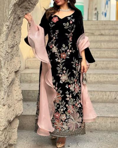 جلابيه كريب اكمام اورجنزا المزينه بتطريز كمبيوتر