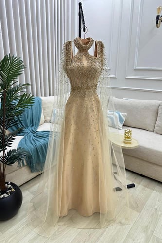 فستان سهره تل المزين بالتطريز اليدوي لول وفصوص بطا...