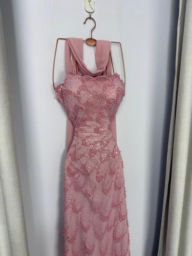 فستان سهره المزين بالتطريز خرز شال شيفون جورجيت