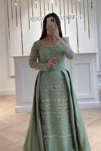 فستان سهره تل مطرز بخرز ذيل تفته كوري