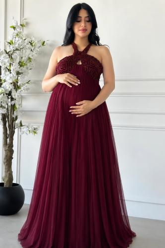Maternity chiffon padded dress, two separate pieces, decorated with hand embroidery, thank you