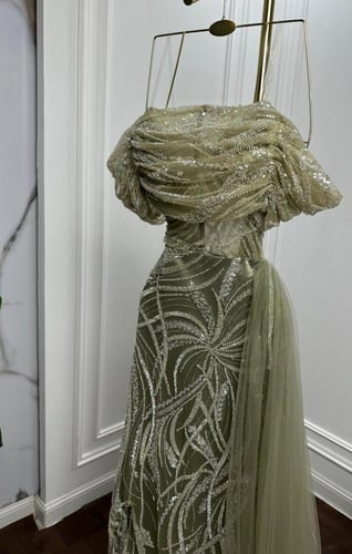 فستان سهره فخم الخامه تل كوري مطرز بخرز