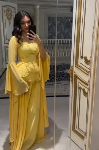 فستان سهره شيفون جورجيت كورسيه المزين بالتطريز الي...