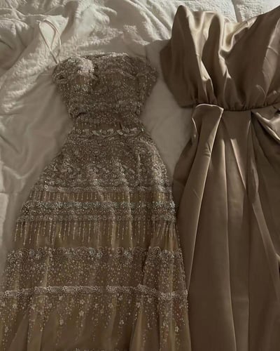فستان سهره تل المزين بالخرز ذيل ميكادو فستان انيق...