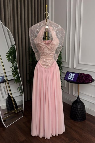 فستان سهره كلفه صدر مطرز وشيفون جورجيت كلوش جاكيت...