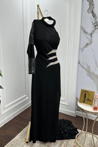 فستان سهره كريب وشيفون المزين بالشك اليدوي