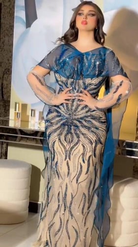 فستان سهره تل مزين بتطريز كمبيوتر وفصوص بطانه بارب...