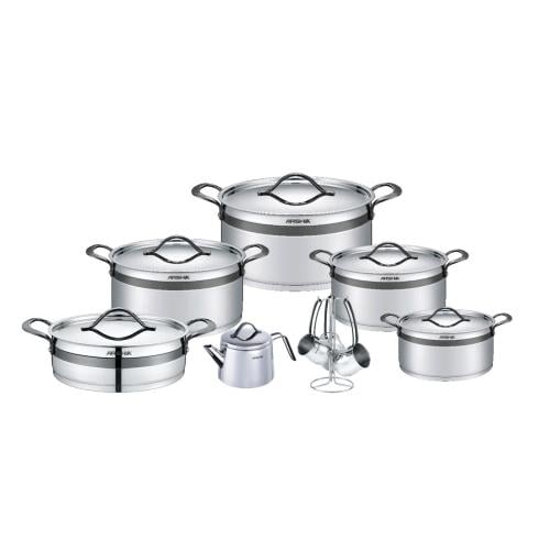 Arshia 16-piece stainless steel cookware set with black pattern