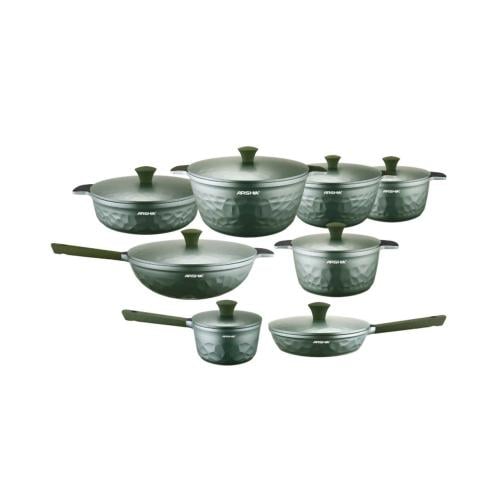Arshia Diamond Cast Iron Cookware Set, 16 Pieces, Green