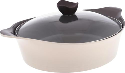 Neoflam Aini Ceramic Low Saucepan with Glass Lid, 32cm, Beige