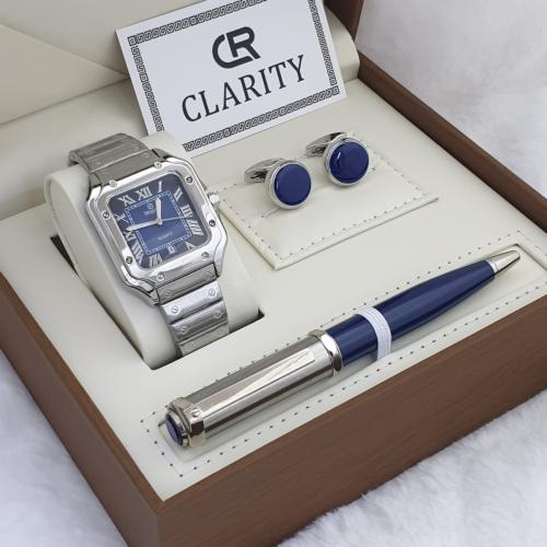 طقم ساعة رجالي فضي ميناء ازرق