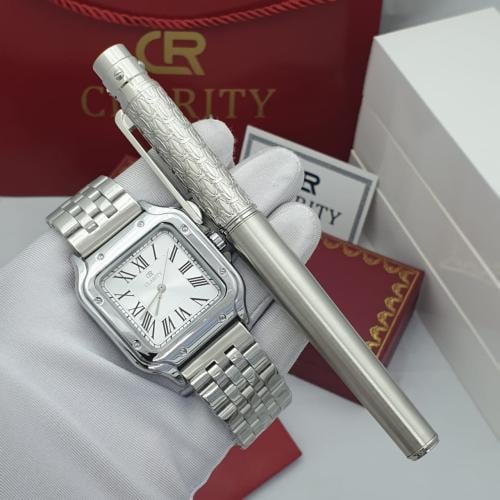 طقم ساعة رجالية باللون الفضي منسقة مع قلم فاخر