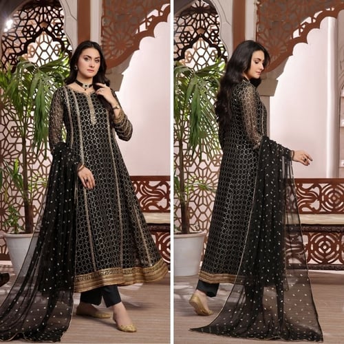 فستان ملكي مطرز أسود وتركوازي