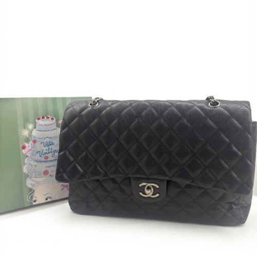 vintage CHANEL Maxi Flap Bag Black Caviar Leather Silver hardware 46 cm