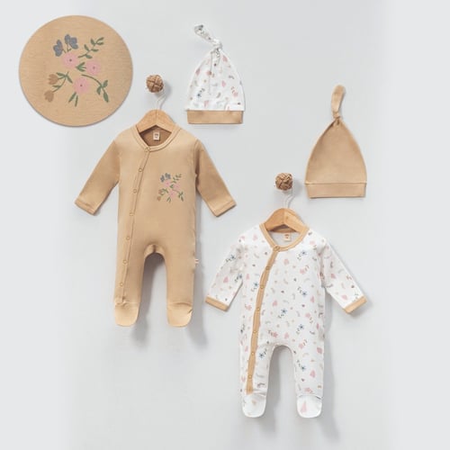 طقم اوفراول للبنات 4 قطع بألوان بيج وأبيض قطن 100%