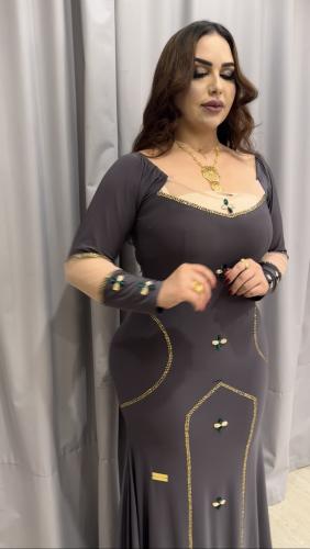 Korean stretch dress decorated with gold crystal w...