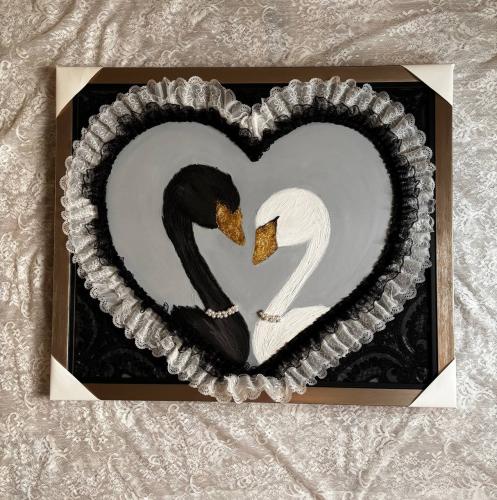 Black and white swan painting with lace