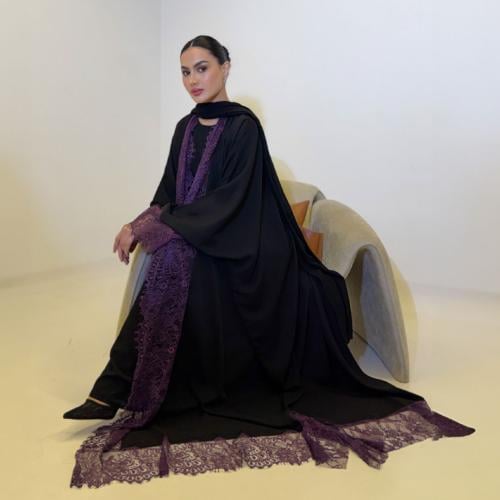 Black abaya with purple lace