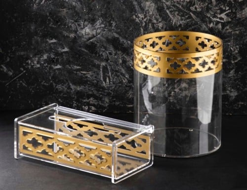 طقم سلة مهملات وعلبة مناديل مدور اكريلك ذهبي