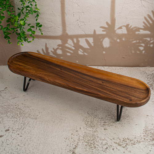 صحن تقديم خشبي بيضاوي مع استاند اسود كبير