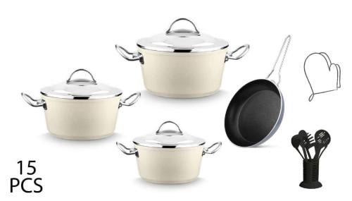 طقم قدور جرانيت 15 قطعة لون بيج