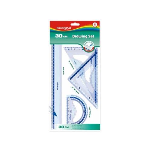 طقم من 4 قطع مثلث 2 قطعة ومنقلة ومسطرة ازرق شفاف