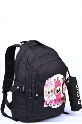 حقيبة ظهر مدرسية سوداء مطبوعة بشخصية لابوبو مكونة...