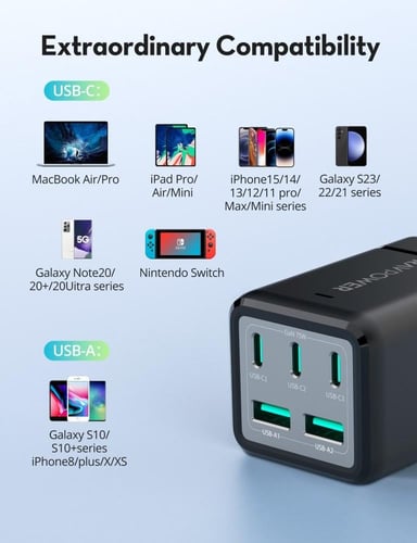 منصة شحن راف باور ثلاث منافذ تايب سي ومنفذين USB-A...