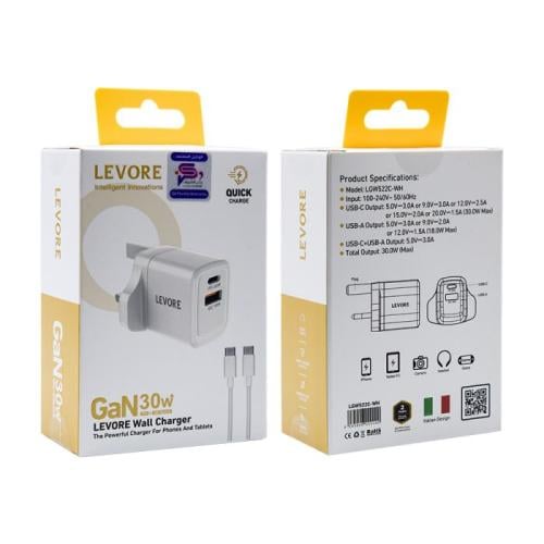 ليفوري شاحن جداري مع كيبل بي دي بتقنية الجان 30 وا...