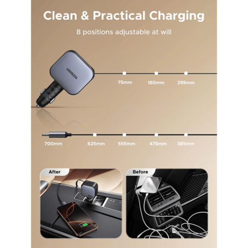 شاحن سيارة يوجرين بسلك قابل للسحب بمنفذ USB-C ومنف...