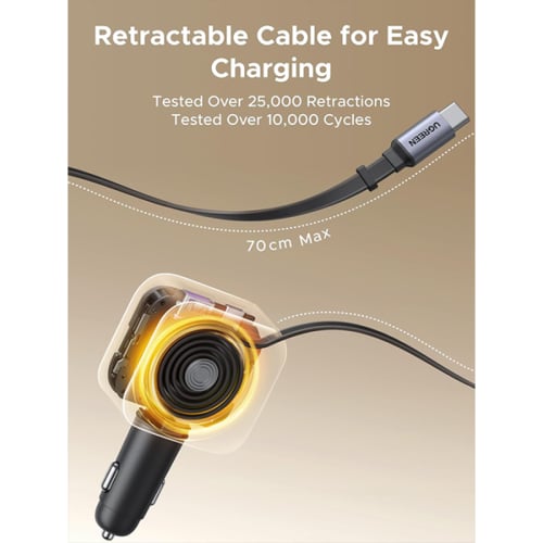 شاحن سيارة يوجرين بسلك قابل للسحب بمنفذين USB-C وم...