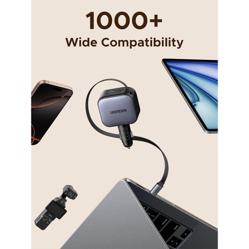 شاحن سيارة يوجرين بسلك قابل للسحب بمنفذين USB-C وم...