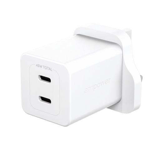 بانزر جلاس شاحن جداري امباور Turbo GaN بقوة 45 واط منفذي USB-C - أبيض