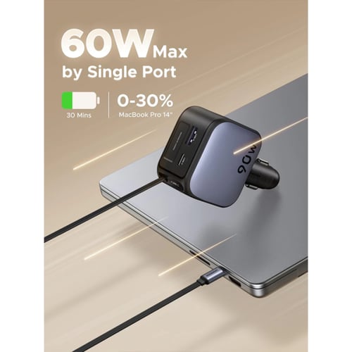 شاحن سيارة يوجرين بسلك قابل للسحب بمنفذ USB-C ومنف...