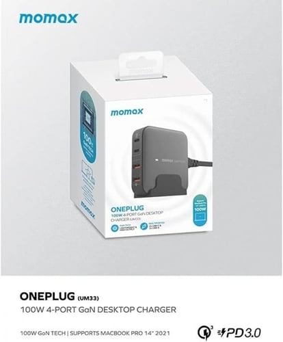 موماكس شاحن مكتبي بتقنية الجان بمنفذين USB-C ومنفذ...