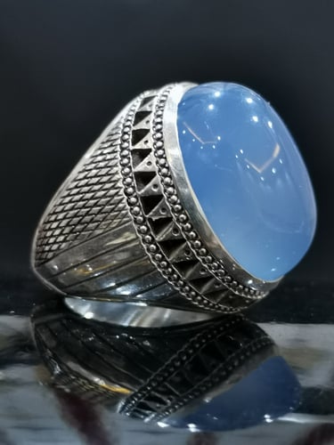 خاتم الفضة بحجر عقيق خرساني ايراني أزرق بصياغة الخ...