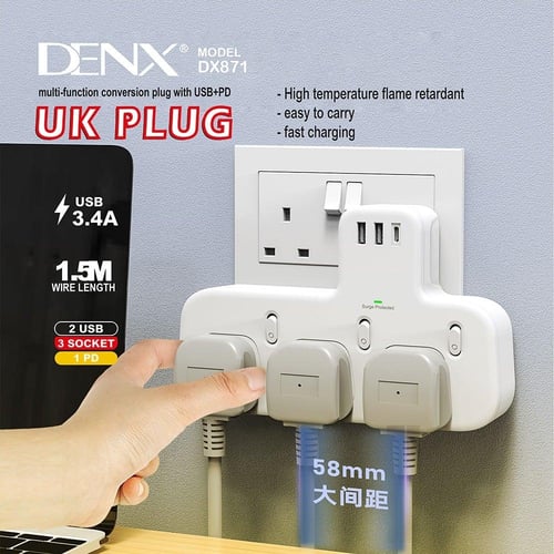 DENX- قسام كهرباء ثلاثي مع منفذين USB ومنفذ PD م/D...