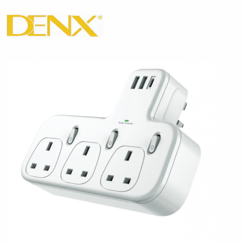 DENX- قسام كهرباء ثلاثي مع منفذين USB ومنفذ PD م/D...