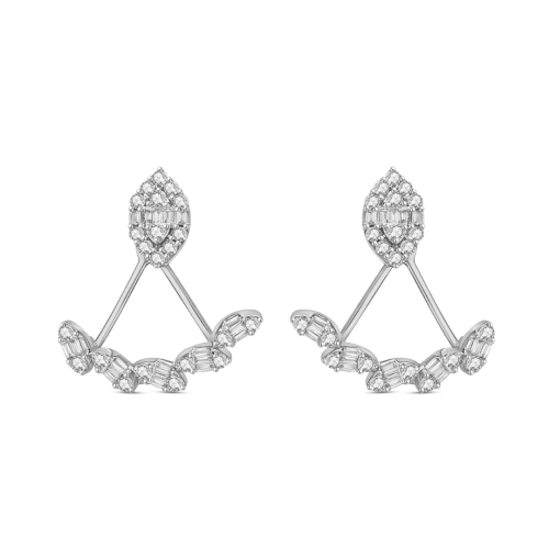 حلق ذهب أبيض بألماس مدور وباجيت