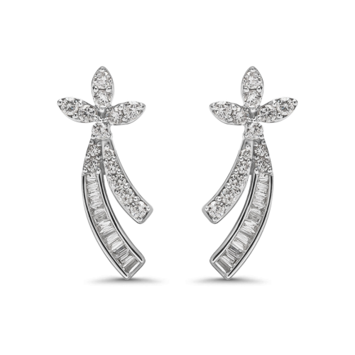 حلق ذهب أبيض بألماس مدور وباجيت