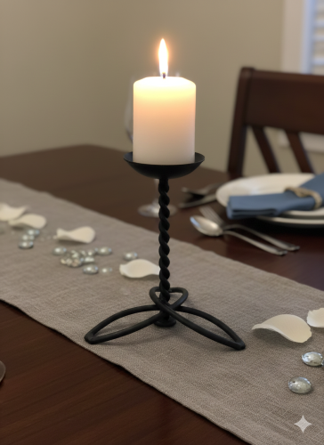 Black candlestick with a twisted stem design and a...