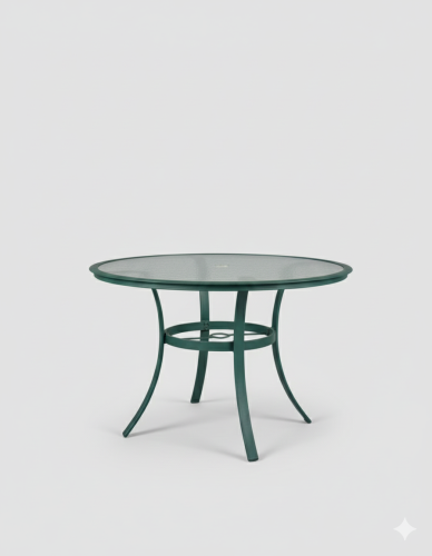 Elegant outdoor round table featuring a tempered glass surface and a sturdy metal frame