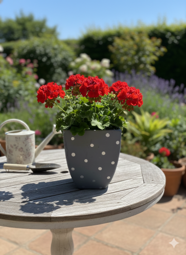 Gray planting container dotted with white