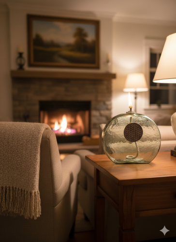 Handmade glass lamp with a decorated metallic touc...