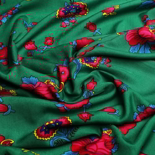 قماش شالكي أخضر - زهور كبيره