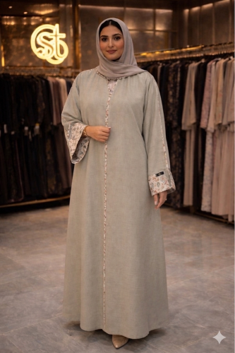 عباية لنن ملكي مع تطريز ناعم